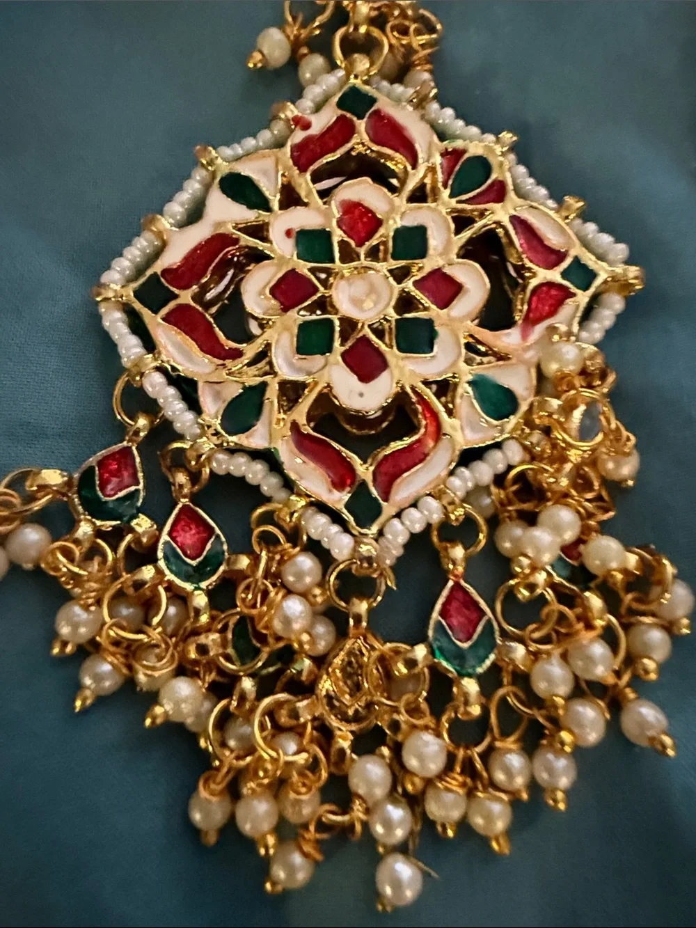 Gold-Tone Traditional Kundan Necklace Set with Red and Green Accents